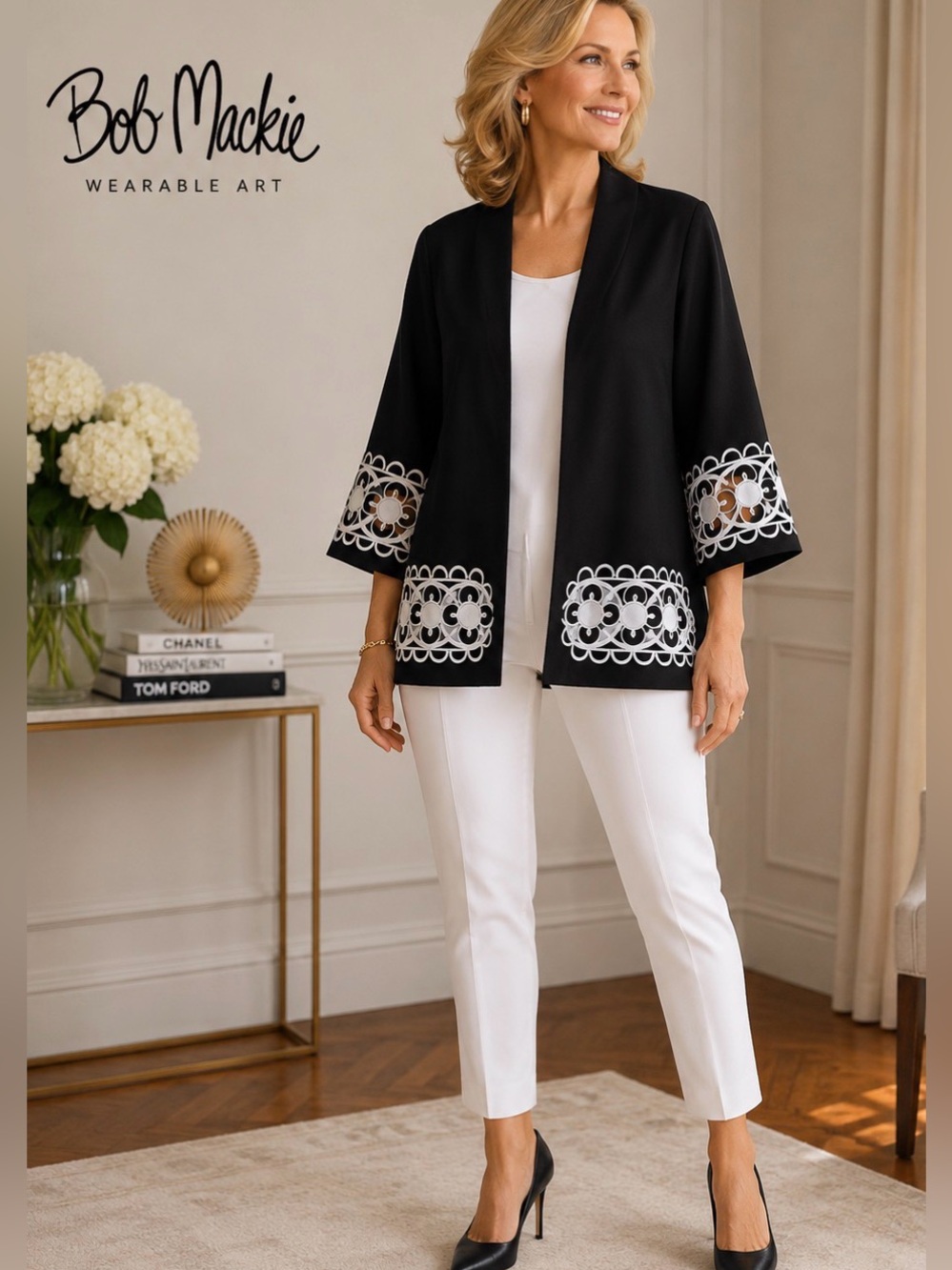 BOB MACKIE Floral Embroidered Cut-Out Linen Jacket